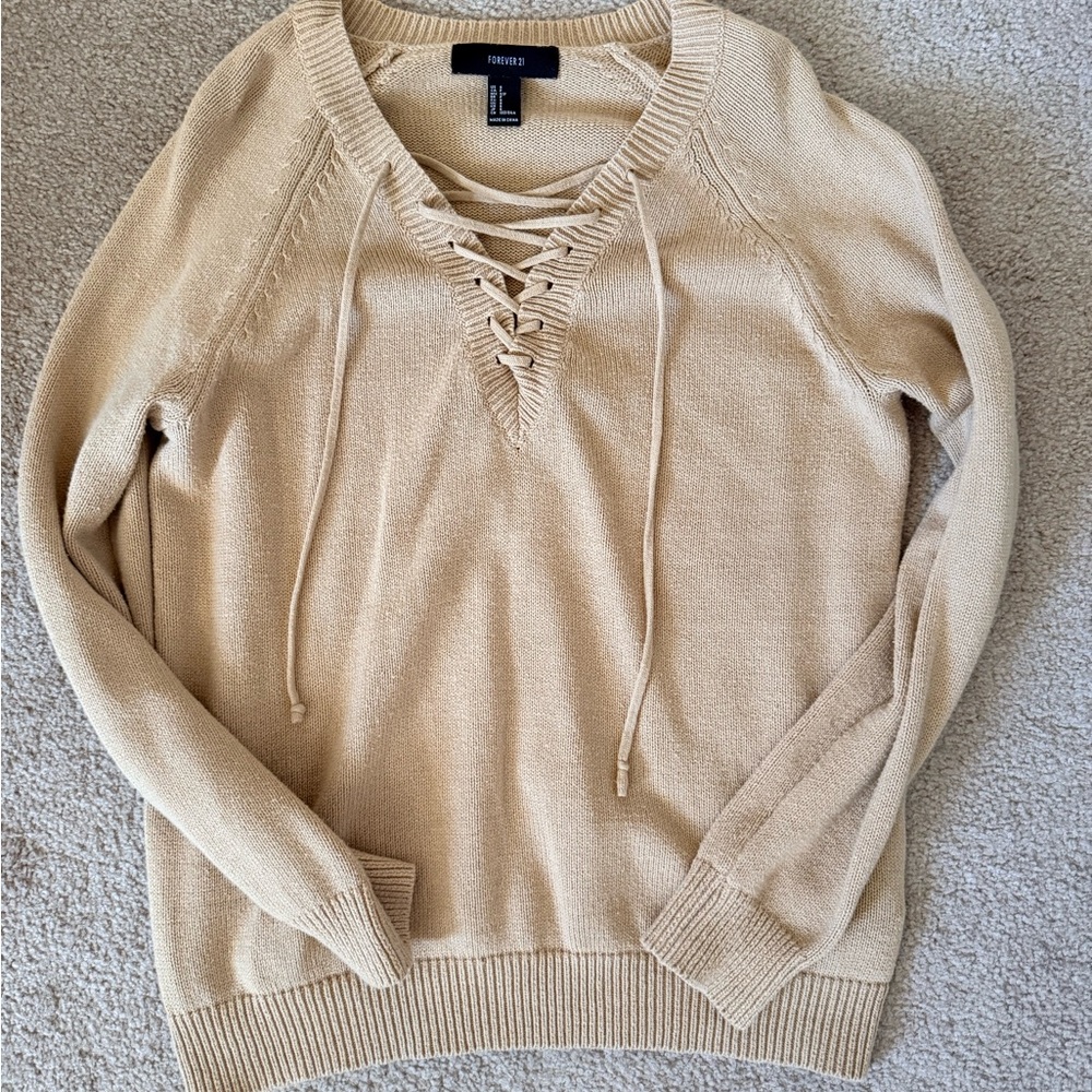 Hollister Tan Lace-Up V-Neck Sweater